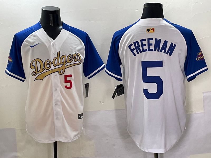 Men Los Angeles Dodgers 5 Freeman White Blue Champion gold character Nike 2025 MLB Jersey style 5053